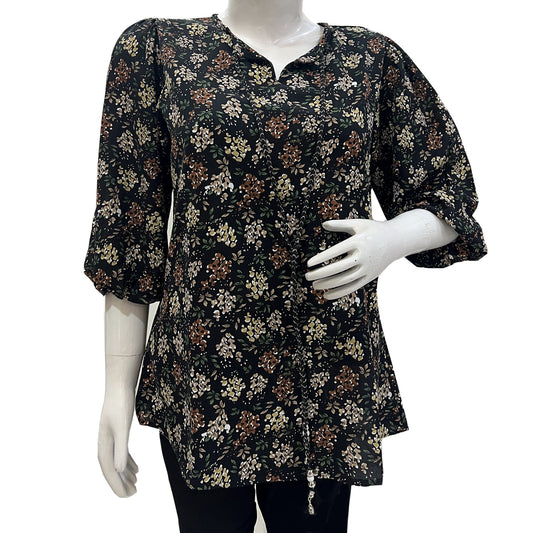 Ladies Black Floral Printed short Kurti Top 2390
