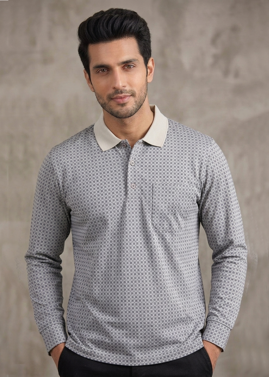 Men's Light Grey Printed T-shirt with Pocket & Ribbed Sleeves | Regular Fit