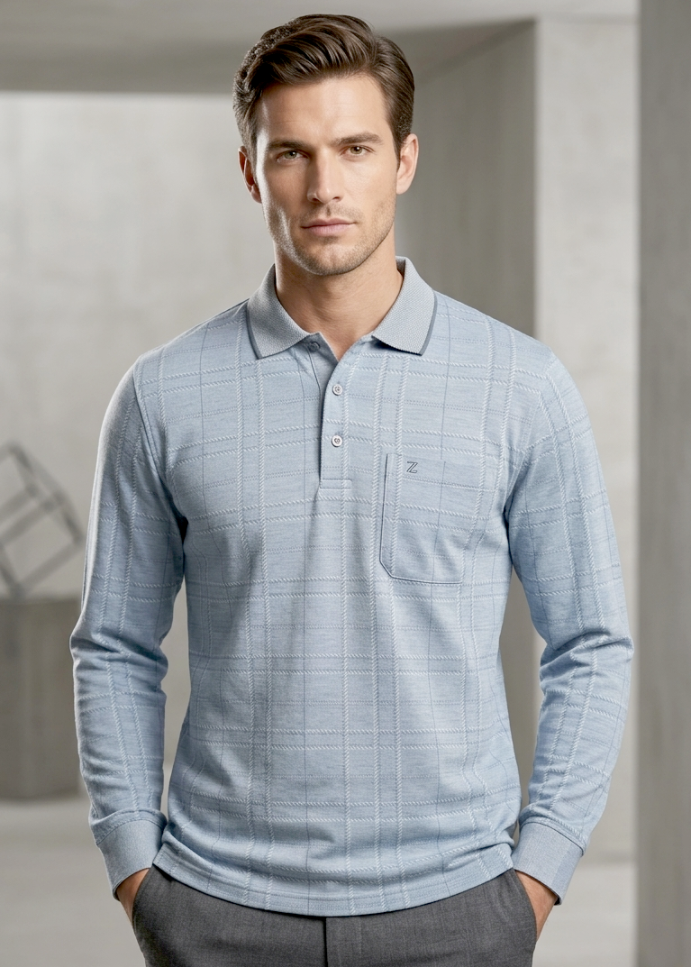 Confidence Men's 100% Cotton Self-Check Full Sleeve Polo T-Shirt with Pocket – Light Blue