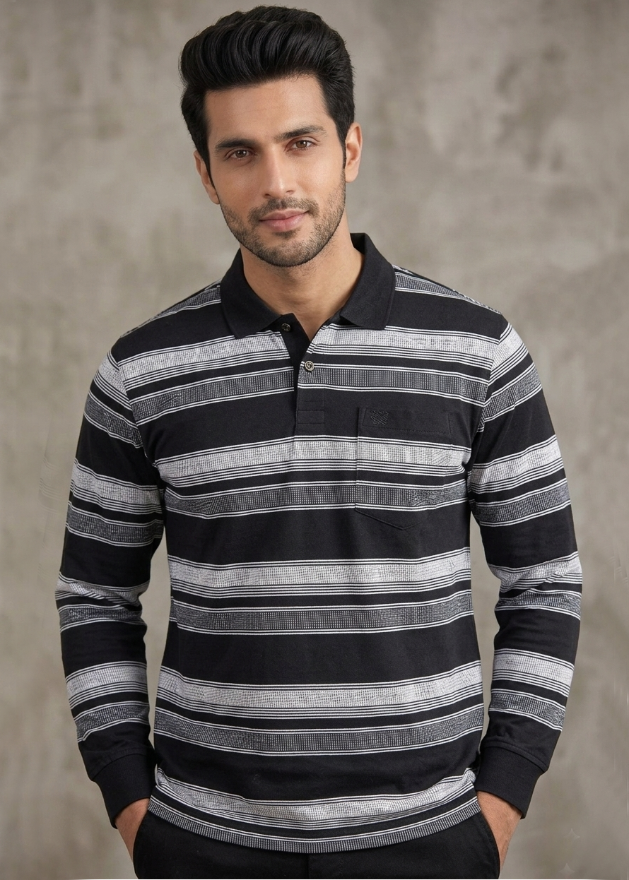 Celcius Men's Black Stripes Heavy GSM Polo T-shirt with Pocket | Regular Fit