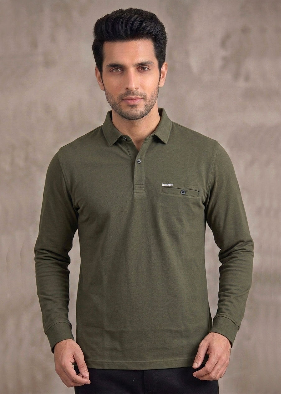 Men's Dark Olive Collar T-shirt with Pocket | Thick Luper Fabric | Regular Fit