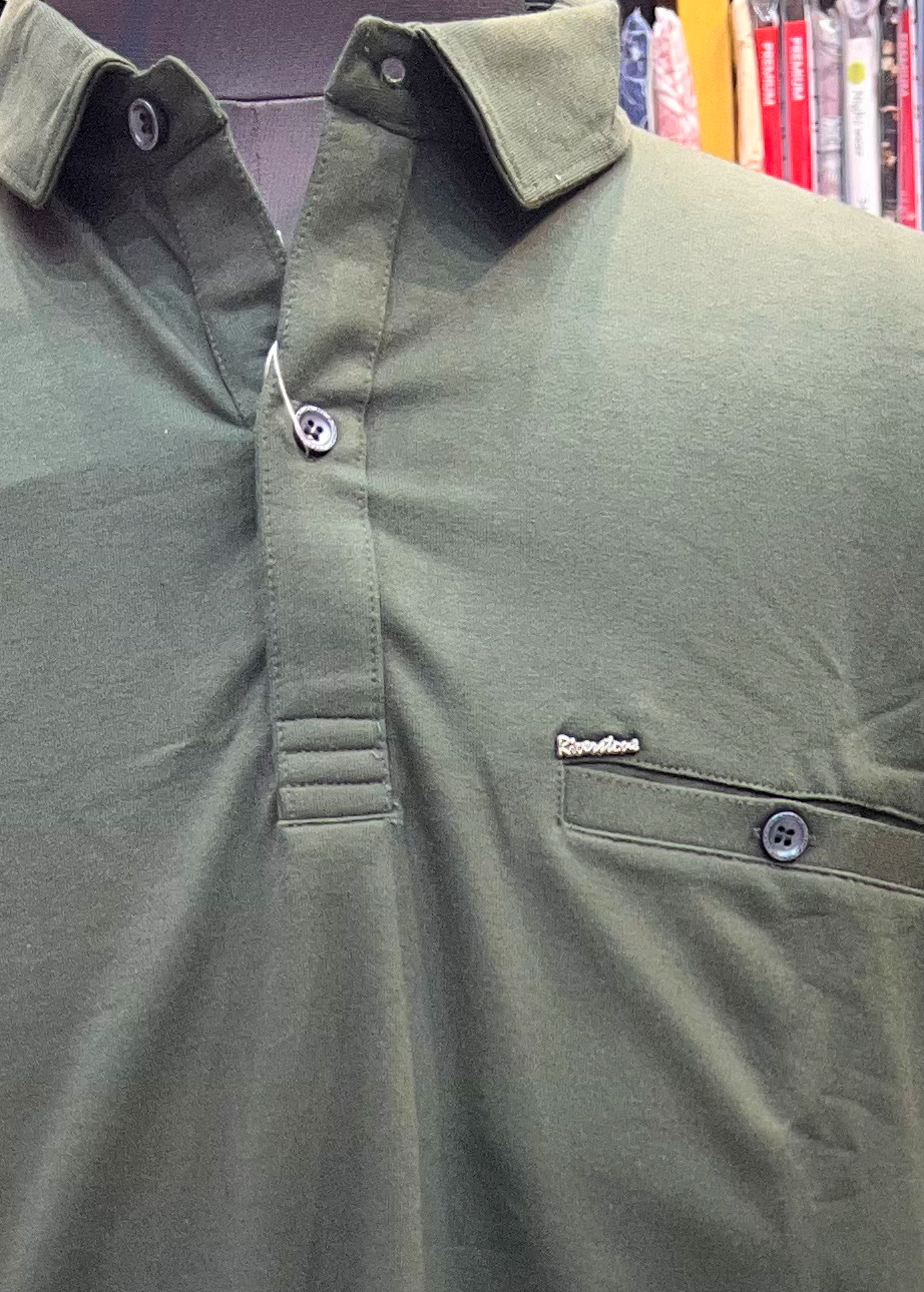 Men's Dark Olive Collar T-shirt with Pocket | Thick Luper Fabric | Regular Fit