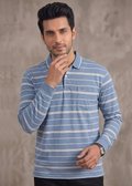 Confidence Men's Sky Blue Stripe Print T-shirt with Pocket & Rib Cuff | Regular Fit