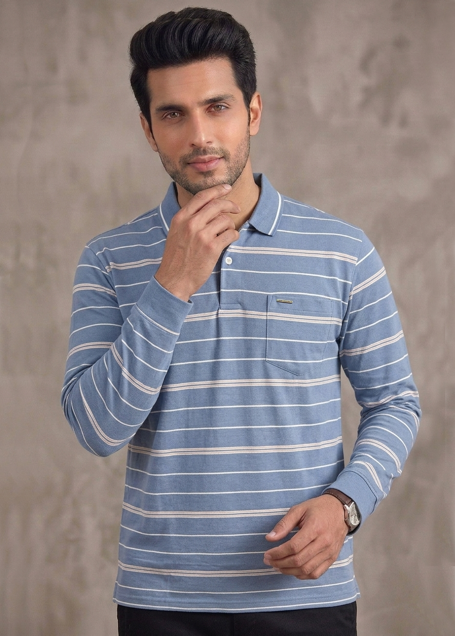 Confidence Men's Sky Blue Stripe Print T-shirt with Pocket & Rib Cuff | Regular Fit