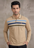 Fahrenheit Men's Beige Striped Matty Fabric T-shirt | Regular Fit