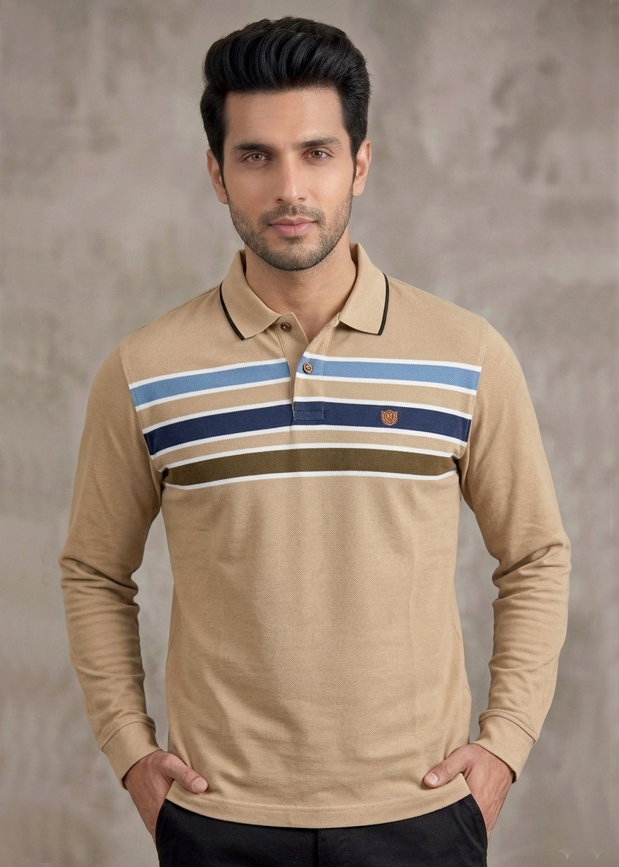 Fahrenheit Men's Beige Striped Matty Fabric T-shirt | Regular Fit