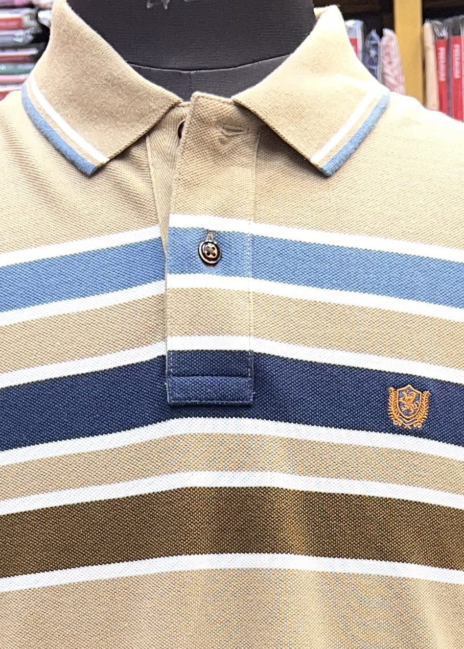 Fahrenheit Men's Beige Striped Matty Fabric T-shirt | Regular Fit