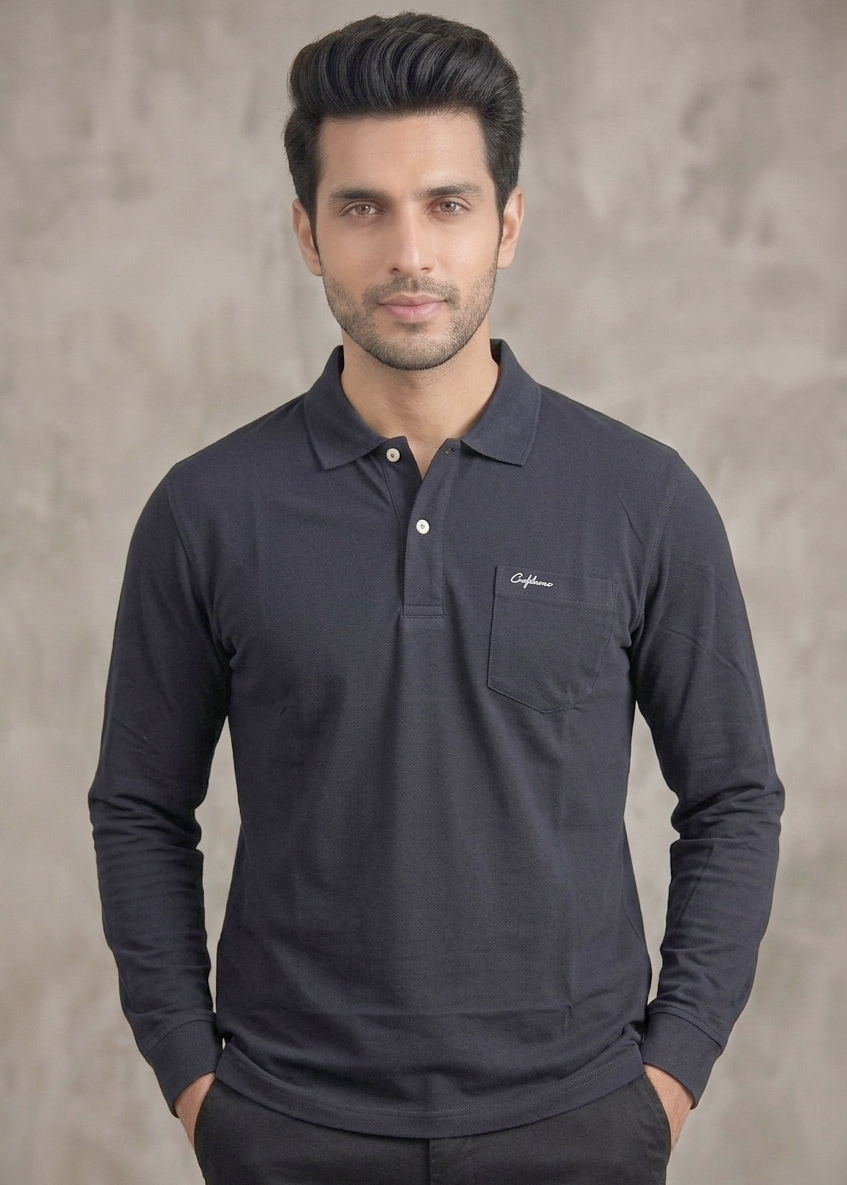 Men's Plain Black Collar T-shirt with Pocket | Heavy GSM | Regular Fit
