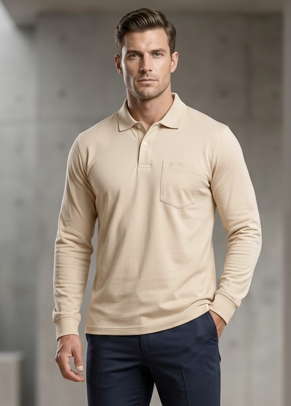 Confidence Men's 100% Cotton Solid Full Sleeve Polo T-Shirt with Pocket – Cream Stone