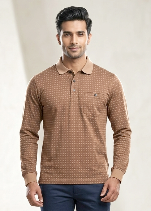 Confidence Men's 100% Cotton Printed Full Sleeve Polo T-Shirt with Pocket – Caramel