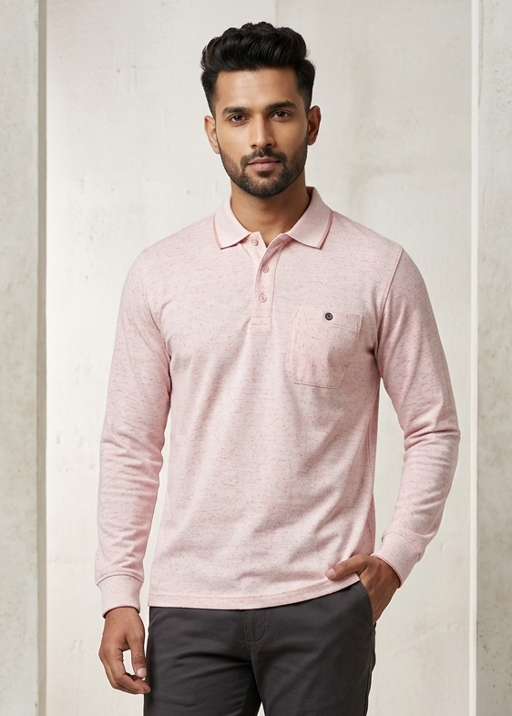 Confidence Men's 100% Cotton Textured Full Sleeve Polo T-Shirt with Pocket – Light Pink