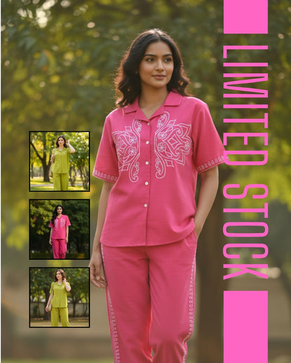 •  "Elegant Embroidered Co-ord Set for Women - Shirt & Pant Lounge Wear"