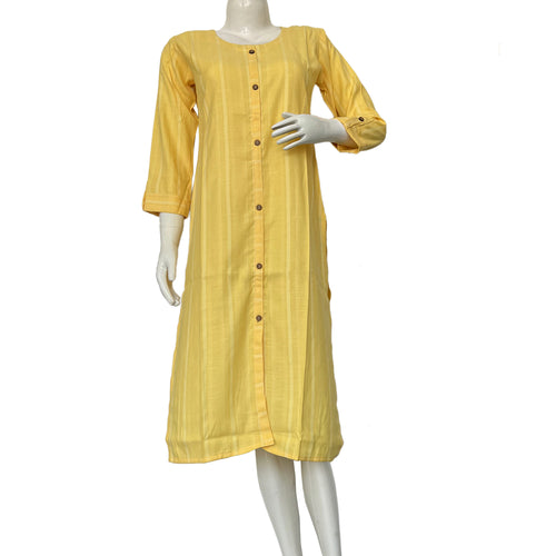 Women self print cheque round neck yellow Kurti - 10001A