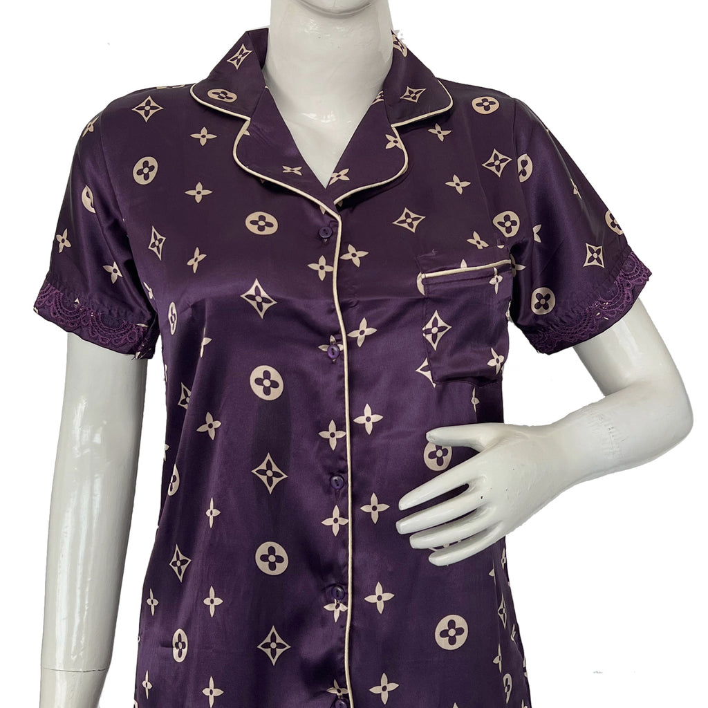 Women regular sleeve satin printed night suit