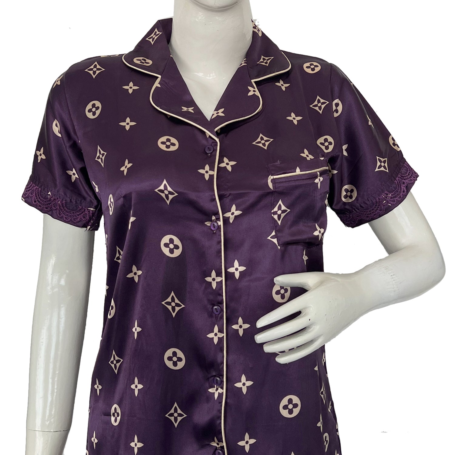 Women regular sleeve satin printed night suit