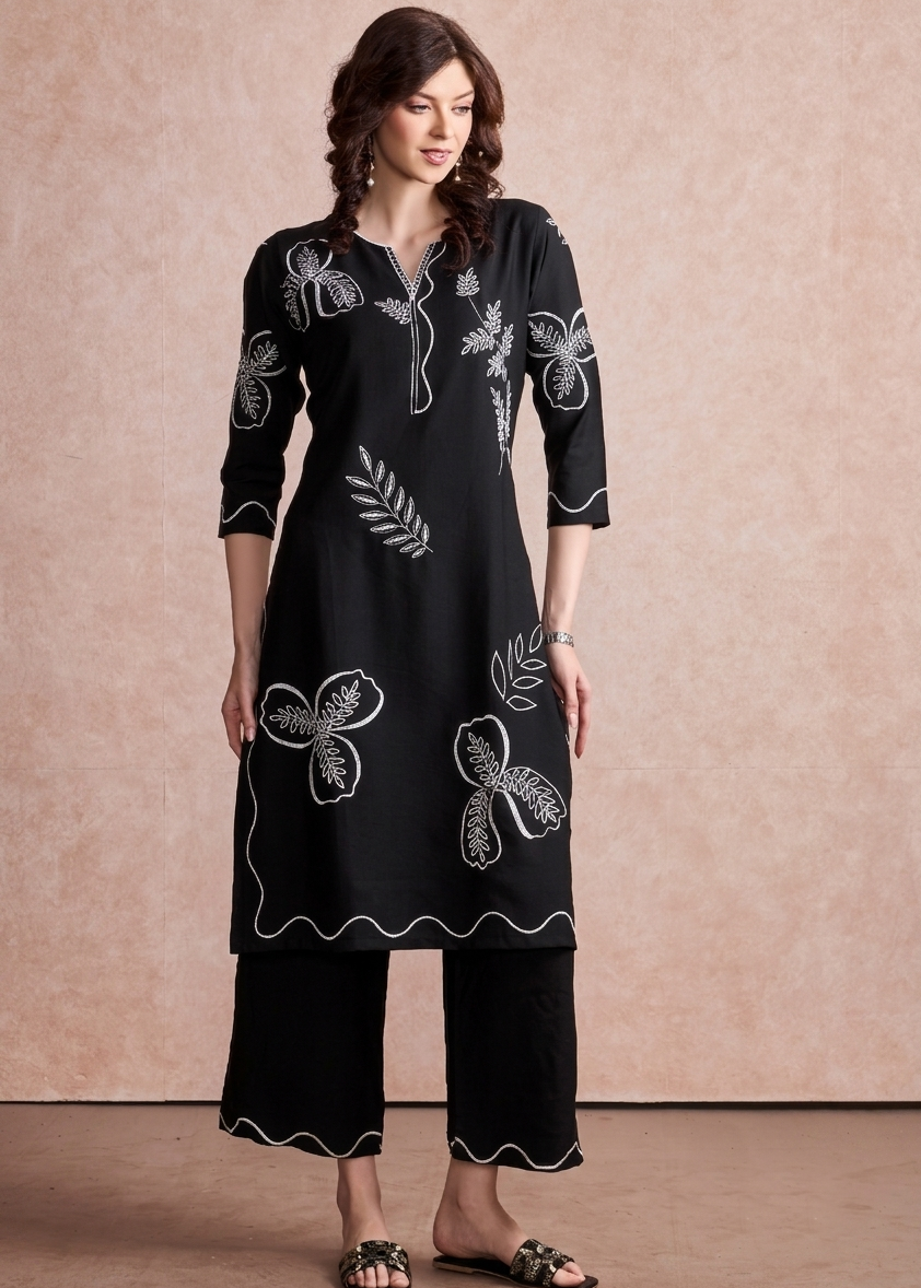 Belita Black Floral Embroidered Straight Kurta with Wide-Leg Pants Set