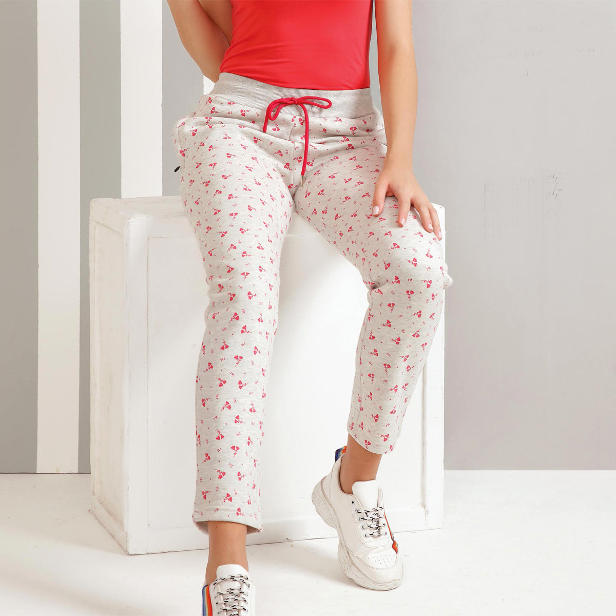Kayal Wiite Track Pants with Red Print