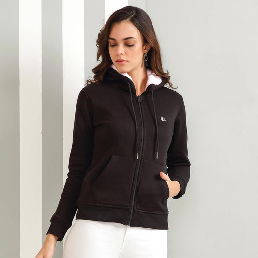 Kayal Black Jacket with Zipper and Hoodie